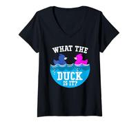 Womens Baby Gender Reveal Party What Duck is It Newborn Baby Reveal V-Neck T-Shirt