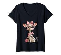 Women's Baby Giraffe Pink Leopard Glasses Girly Glam Graphic Playful V-Neck T-Shirt