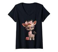 Women's Baby Giraffe Pink Leopard Glasses Girly Glam Graphic Playful V-Neck T-Shirt