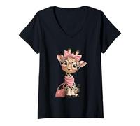 Women's Baby Giraffe Pink Leopard Glasses Girly Glam Graphic Playful V-Neck T-Shirt