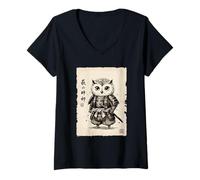 Women's Baby Owl Samurai Japanese Art Sumi-e Kawaii Funny V-Neck T-Shirt