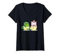 Womens Baby Unicorn and Dinosaur Hatchling Fantasy Humor V-Neck T-Shirt