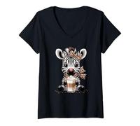 Women's Baby Zebra Coffee Lover Cute Latte Art Vibes V-Neck T-Shirt