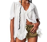 Women's Babydoll Collar Shirts Button Lace Floral Trim Hem Puff Half-Sleeve Tops Y2k Embroidered Beach Party Blouse (White, L)