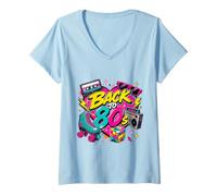 Women's Back to 80s Retro Boom Box Roller Skate Rubik's Sunglasses V-Neck T-Shirt