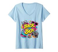 Women's Back to 80s Retro Boom Box Roller Skate Rubik's Sunglasses V-Neck T-Shirt