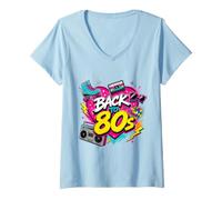 Women's Back to 80s Retro Boom Box Roller Skate Rubik's Sunglasses V-Neck T-Shirt