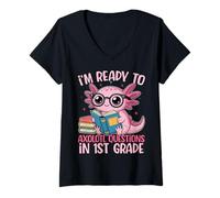 Womens Back to School 1st Grade Ready to Axolotl Questions V-Neck T-Shirt
