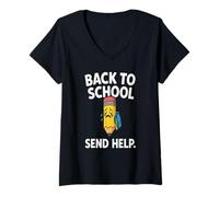 Womens Back to School 2025 Student Send Help Crying Pencil School. V-Neck T-Shirt