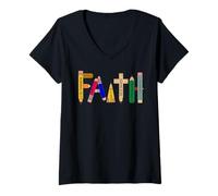 Womens Back-to-School FAITH Pencil Bible Verse Christian V-Neck T-Shirt