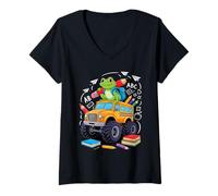 Womens Back to School Frog School Bus 100 Days of School V-Neck T-Shirt