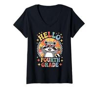 Womens Back To School Hello 4th Grade Raccoon Fourth Grade V-Neck T-Shirt