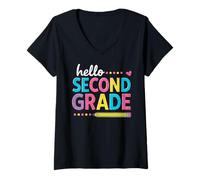 Womens Back To School Hello Second Grade Design With Pastel Text V-Neck T-Shirt