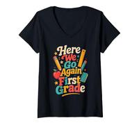 Women's Back to School Here We Go Again First Grade Teacher V-Neck T-Shirt