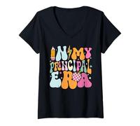Womens Back to School In My Principal Era Funny First Day Groovy V-Neck T-Shirt