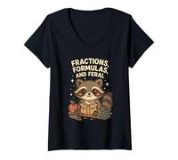 Womens Back To School Math Teacher Raccoon Fractions Formulas Feral V-Neck T-Shirt