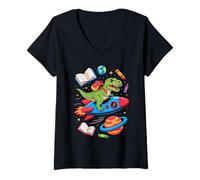 Womens Back to School T-Rex Dinosaur Spaceship Rocket V-Neck T-Shirt