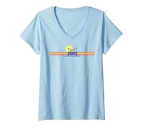 Women's Back To The Future Delorean Retro Chest Stripes V-Neck T-Shirt, Baby Blue, Medium