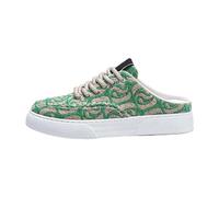 Women's Backless Canvas Trainers with Lace up Design, Slip on Mule Sneakers with Patterned Woven Upper, Flat Sole Loafers, Breathable Lining, Lightweight and Flexible Fit Green