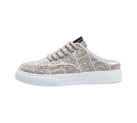 Women's Backless Canvas Trainers with Lace up Design, Slip on Mule Sneakers with Patterned Woven Upper, Flat Sole Loafers, Breathable Lining, Lightweight and Flexible Fit Beige