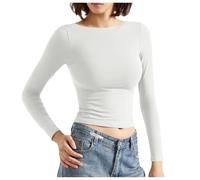 Women's Backless Going Out Tops Double Lined Open Back Basic Long Sleeve Top Black, White, S