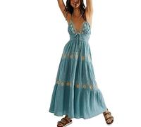 Women's Backless Tie Up Beach Dress Halter Neck Ruffle Plunge V Neck Maxi Boho Flowy Tiered Swing A Line Long Dress (Blue, M)