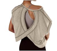Womens Backless Workout Crop Tops Thin Cutout Open Back Sports T-Shirts Exercise Short Sleeve Blouse Casual Loose Running Tee Top Athletic Gym Yoga Shirt Activewear Khaki
