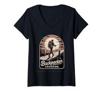 Womens Backpacker Crossing Outdoor Hiking Nature Adventure Design V-Neck T-Shirt