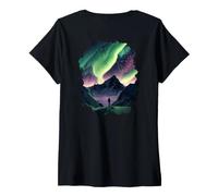 Women's Backprint Aurora Borealis Over the Mountains V-Neck T-Shirt