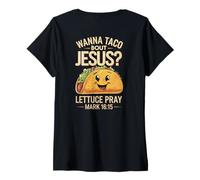 Women's Backprint Cinco De Mayo Wanna Taco Bout Jesus Lettuce Pray V-Neck T-Shirt