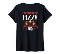 Women's Backprint I Wonder if Pizza Thinks About me Too V-Neck T-Shirt