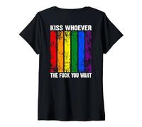 Womens Backprint kiss whoever the fck you want LGBTQIA+ Rainbow V-Neck T-Shirt