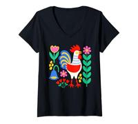 Women's Backyard Chicken Scandi Folk Art Rooster V-Neck T-Shirt