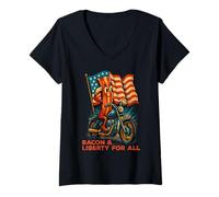 Womens Bacon & Liberty for All, Patriotic Funny Bacon Motorcycle US V-Neck T-Shirt