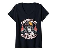 Womens Bad Choices Good Stories Monkey Sunglasses Cap Retro V-Neck T-Shirt