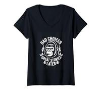 Women's Bad Choices Great Stories Later Gorilla Humor V-Neck T-Shirt