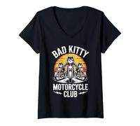 Womens Bad Kitty Motorcycle Club Sarcastic Kitten and Motobike V-Neck T-Shirt