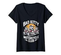 Womens Bad Kitty Motorcycle Club Sarcastic Kitten and Motobike V-Neck T-Shirt