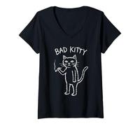 Women's Bad Kitty Smoking Cat Edgy Hand Drawn Sketch Graphic V-Neck T-Shirt