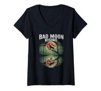 Womens Bad Moon Rising Wolf Reflection Skull Horror Scene Halloween V-Neck T-Shirt