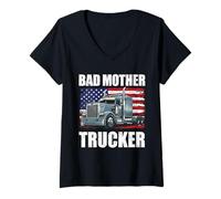 Women's Bad Mother Trucker Funny Truck Driver Dad Trucker USA Flag V-Neck T-Shirt