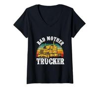 Womens Bad Mother Trucker Funny Truck Driver Father Trucking Dads V-Neck T-Shirt