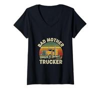 Womens Bad Mother Trucker Funny Truck Driver Father Trucking Dads V-Neck T-Shirt
