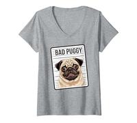 Womens Bad Puggy Funny Mugshot Dog Design V-Neck T-Shirt