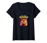 Womens Bad Pussycat, Scratch First Purr Later Funny Cat Graphic V-Neck T-Shirt