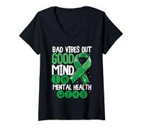 Womens Bad Vibes Out Good Mind in Mental Health Awareness V-Neck T-Shirt