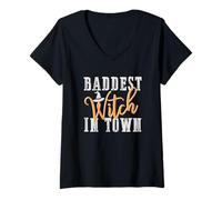 Womens Baddest Witch in Town Shirt Bad Witches Halloween Party Good V-Neck T-Shirt