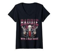 Womens Baddie with A Dead Daddy Funny Hard Skeleton Meme Bootleg V-Neck T-Shirt
