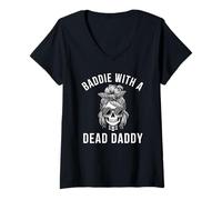 Womens Baddie with a dead daddy funny saying messy bun skeleton V-Neck T-Shirt