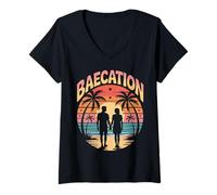 Women's Baecation Tropical Couples Beach Sunset Escape V-Neck T-Shirt